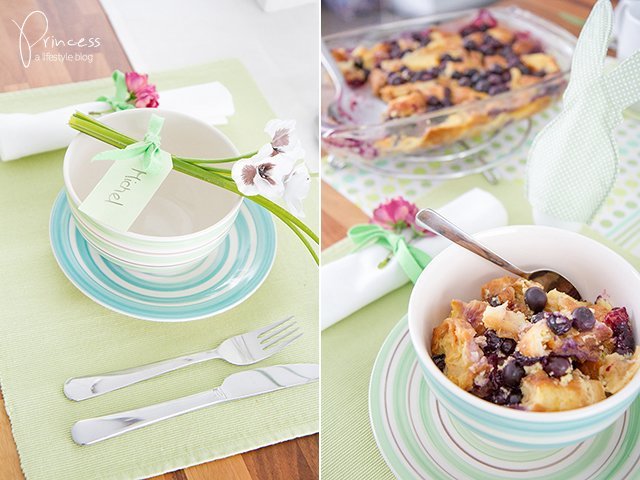 Oster-Brunch Deko und Rezept für Blueberry Croissant Pudding